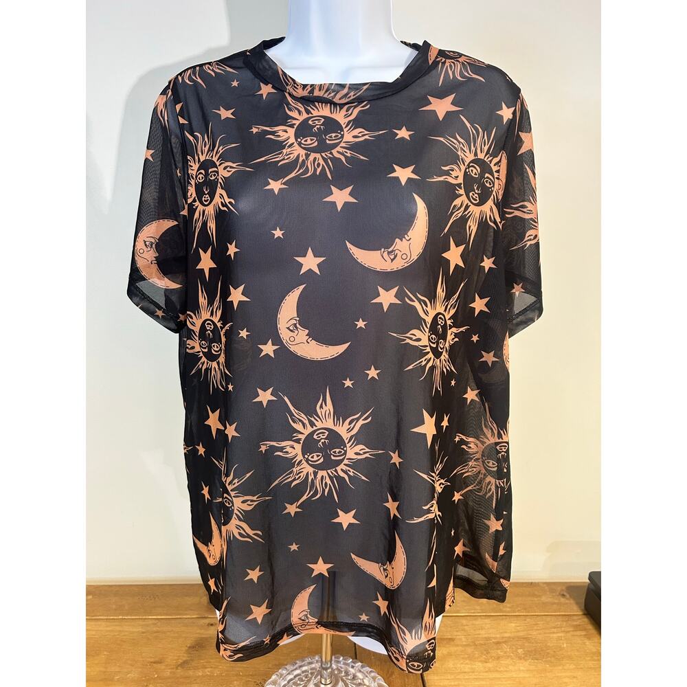 Mesh Celestial Black Gold T Shirt Whimsigoth Witchy Sz 1X